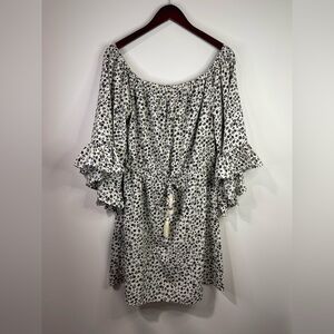 A hint of blush Floral Off-Shoulder Dress with Ruffle Sleeves